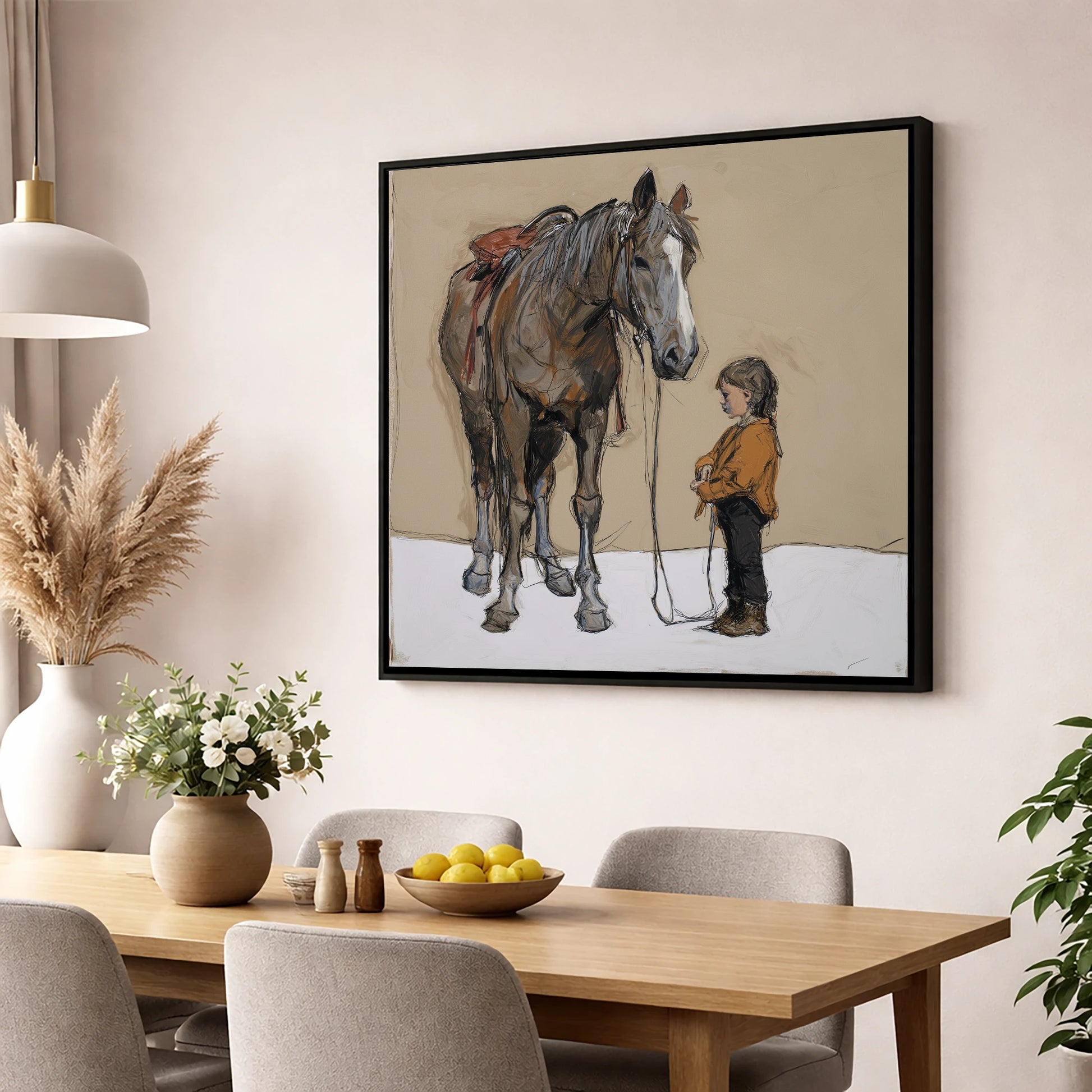 Silent Understanding horse & rider wall art displayed in a dining room