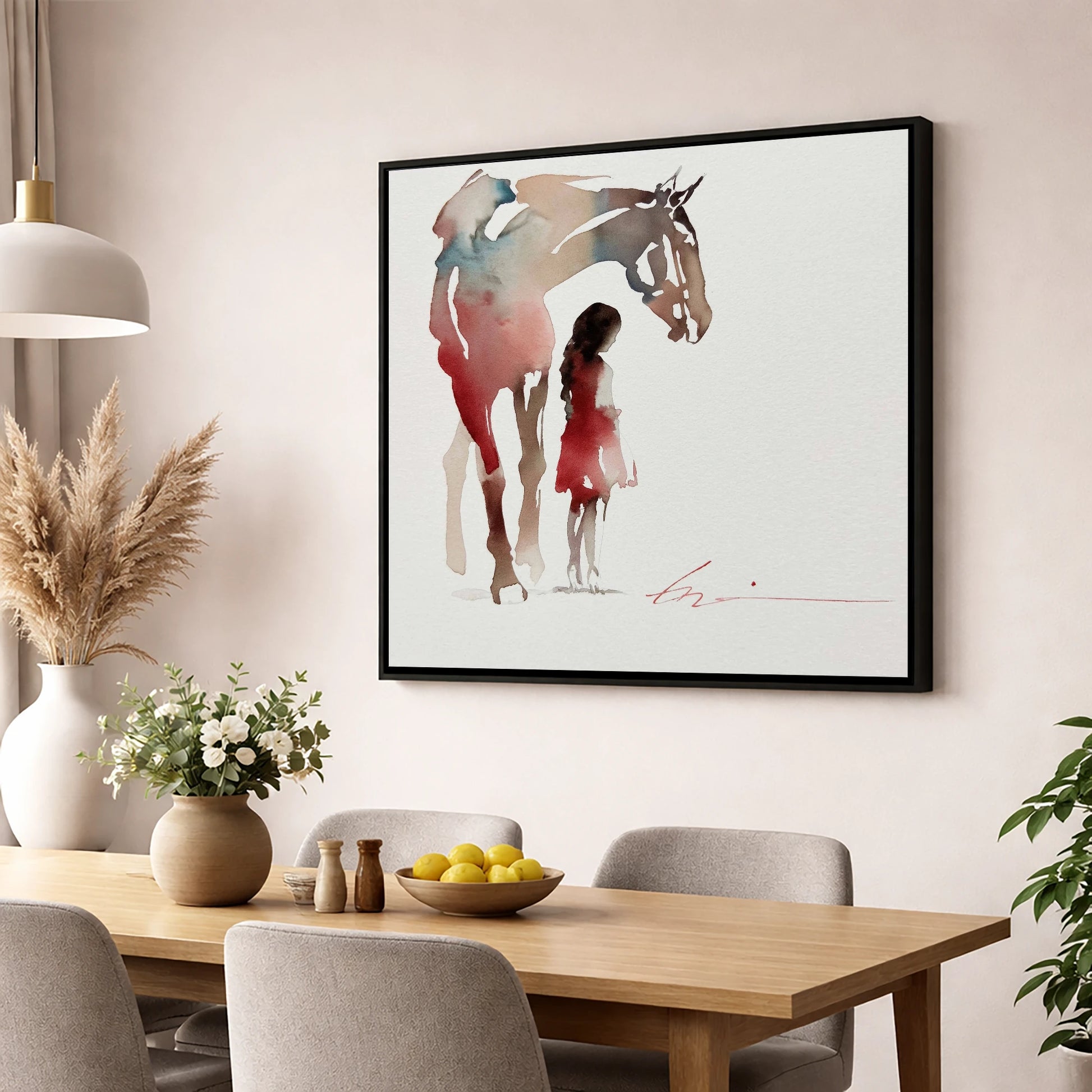 Silent Bond horse & rider wall art displayed in a dining room