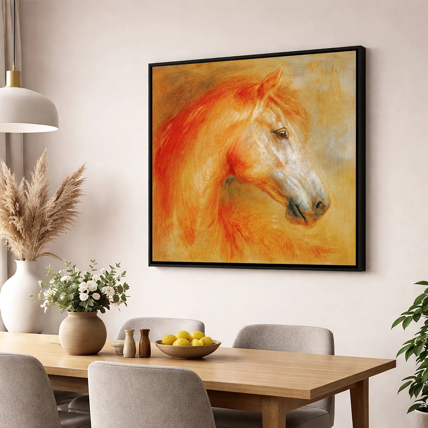 Radiant Equine Profile horse portrait wall art displayed in a dining room