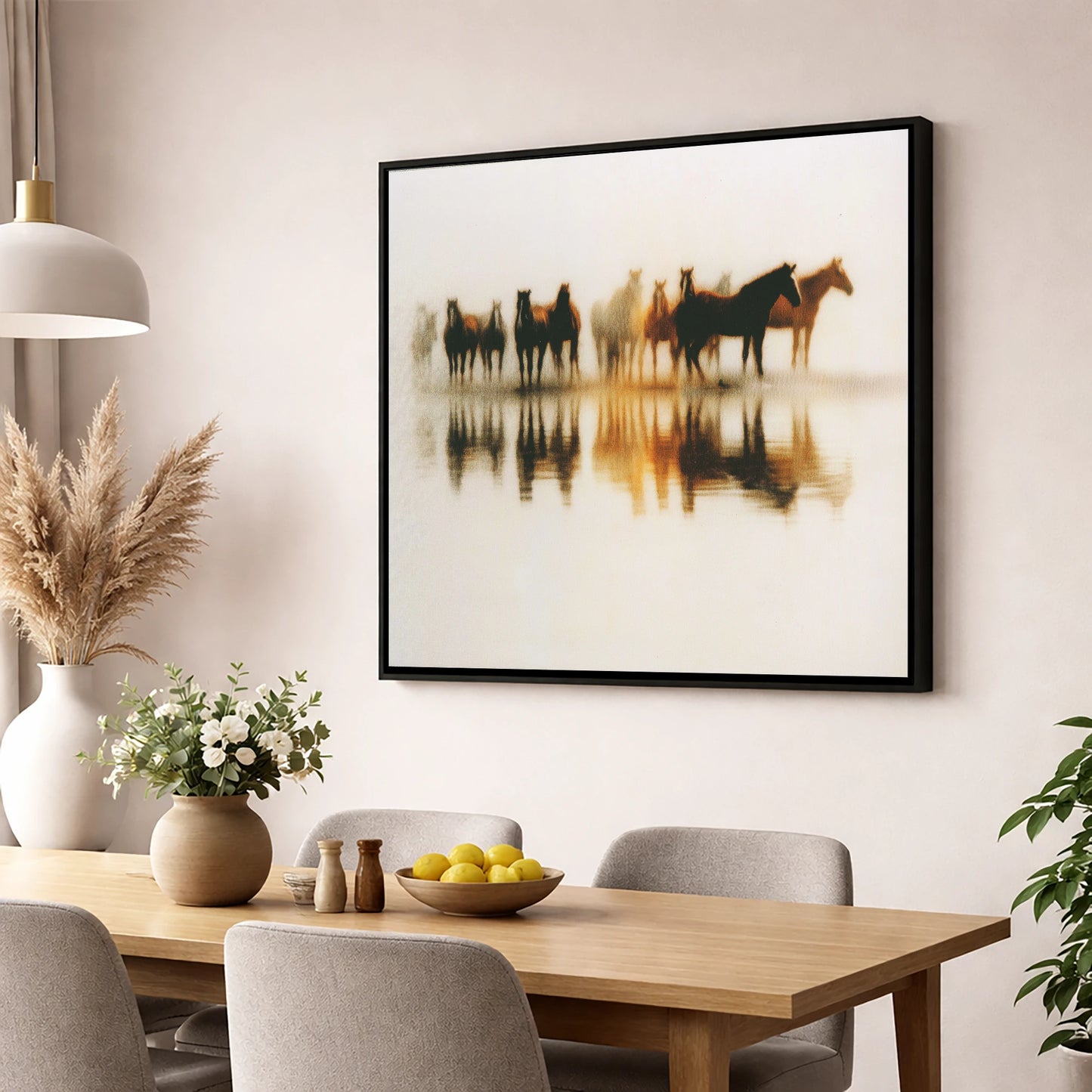 Mirrored in Mist wild horses wall art displayed in a dining room