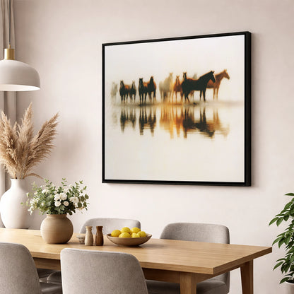 Mirrored in Mist wild horses wall art displayed in a dining room