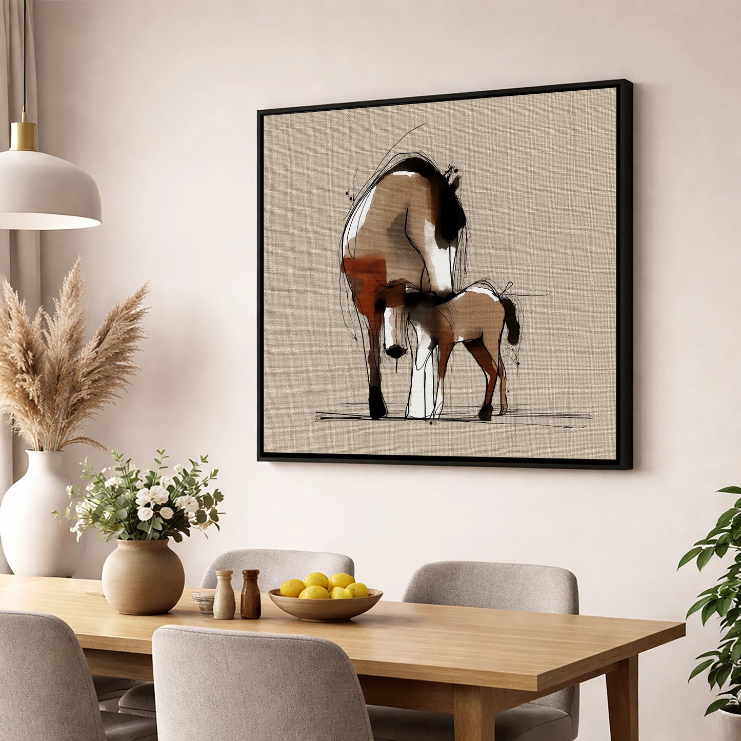 Tender Sepia Bond mare & foal wall art displayed in a dining room