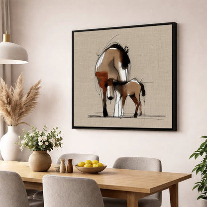 Tender Sepia Bond mare & foal wall art displayed in a dining room