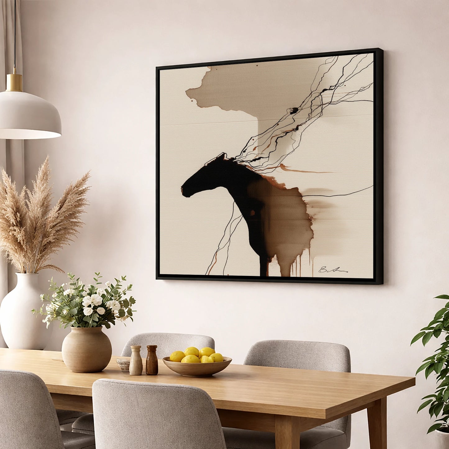 Fluid Sepia Silhouette horse portrait wall art displayed in a dining room