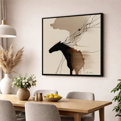 Fluid Sepia Silhouette horse portrait wall art displayed in a dining room