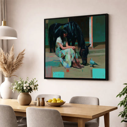Stillness in the Yard horse & rider wall art displayed in a dining room