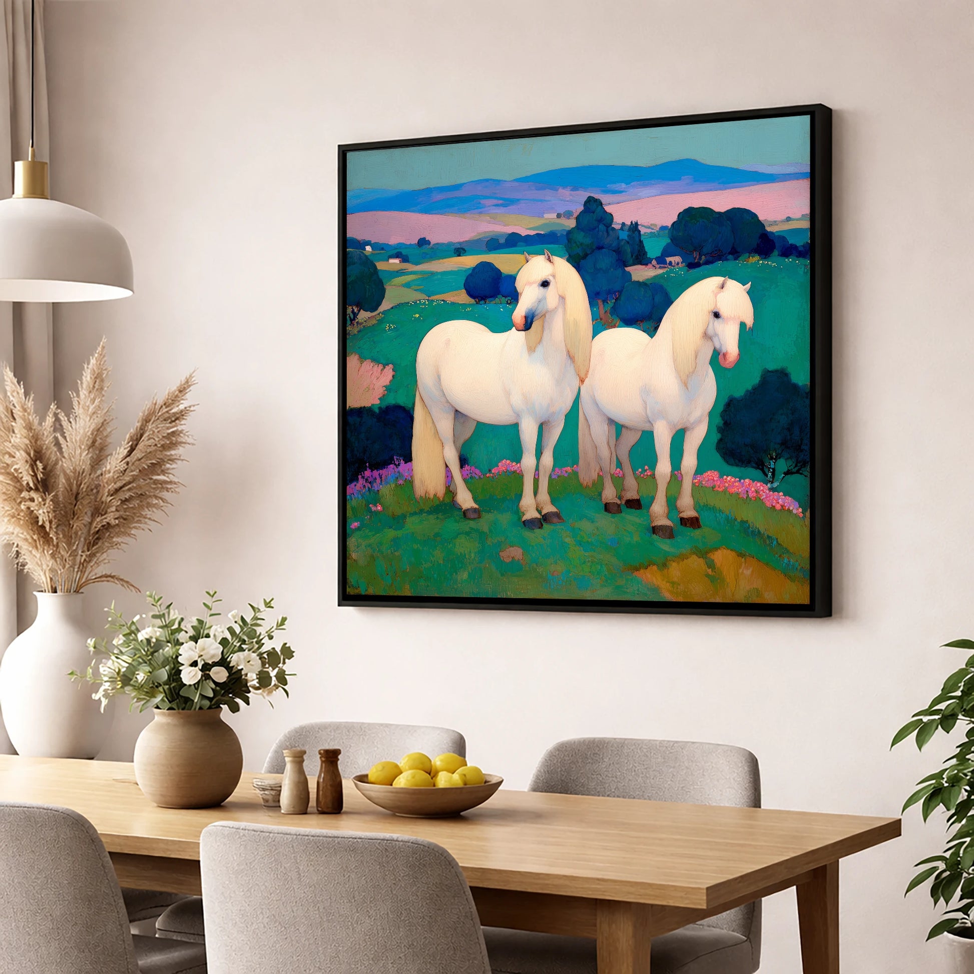 Pastel Horizons horse landscape wall art displayed in a dining room