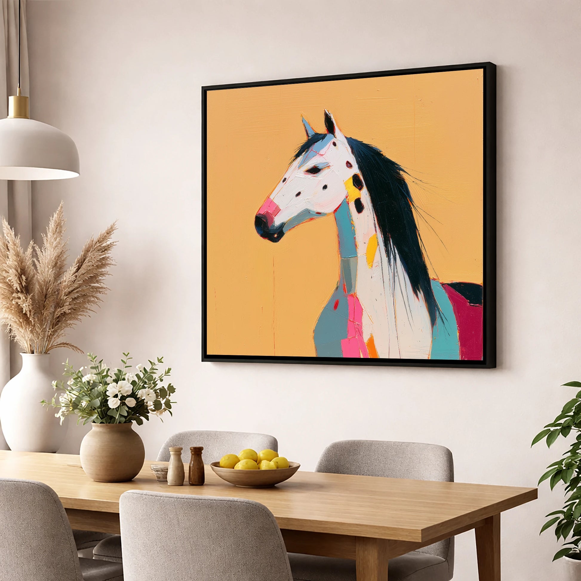 Vibrant Appaloosa Portrait horse breed wall art displayed in a dining room