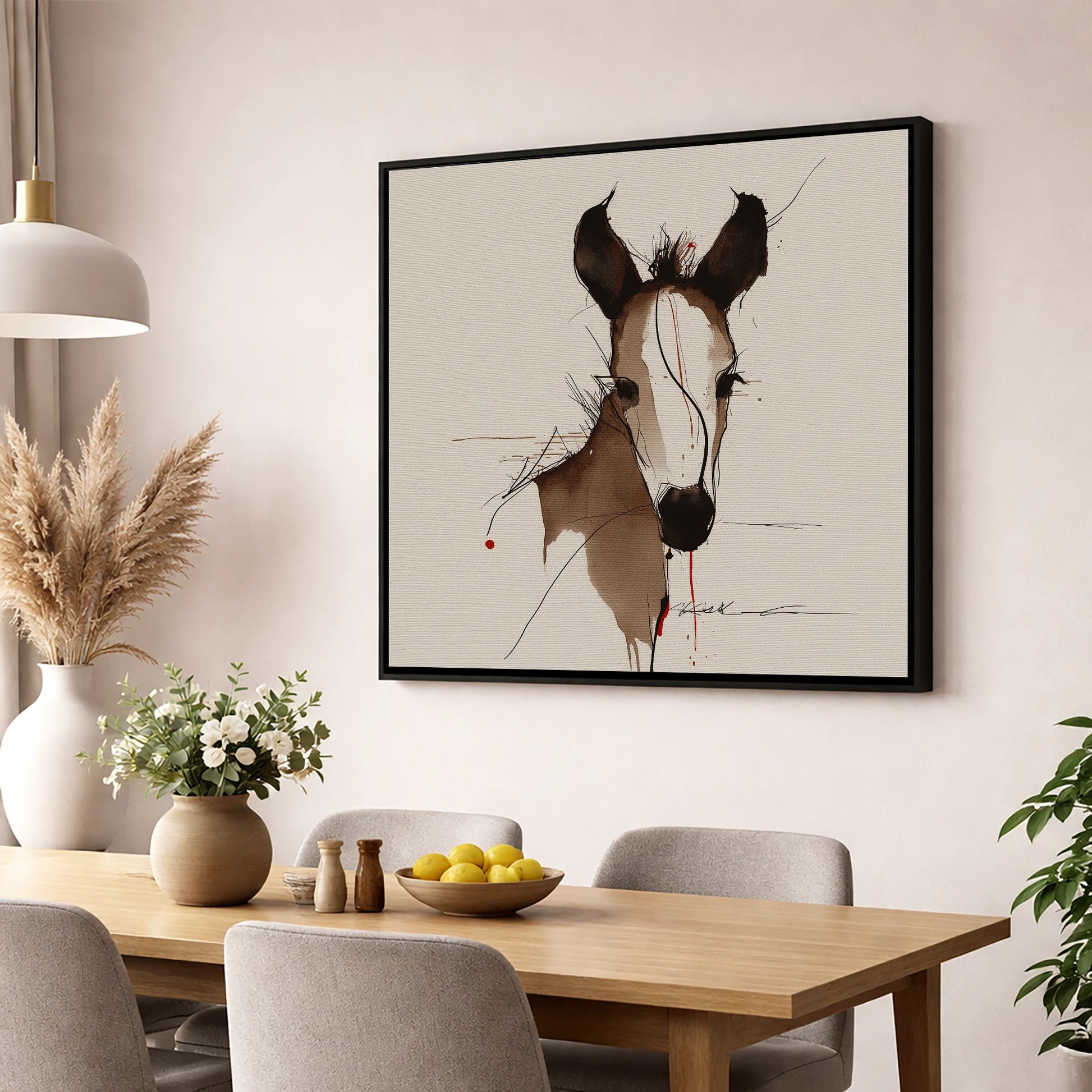 Delicate Ink Foal horse portrait wall art displayed in a dining room