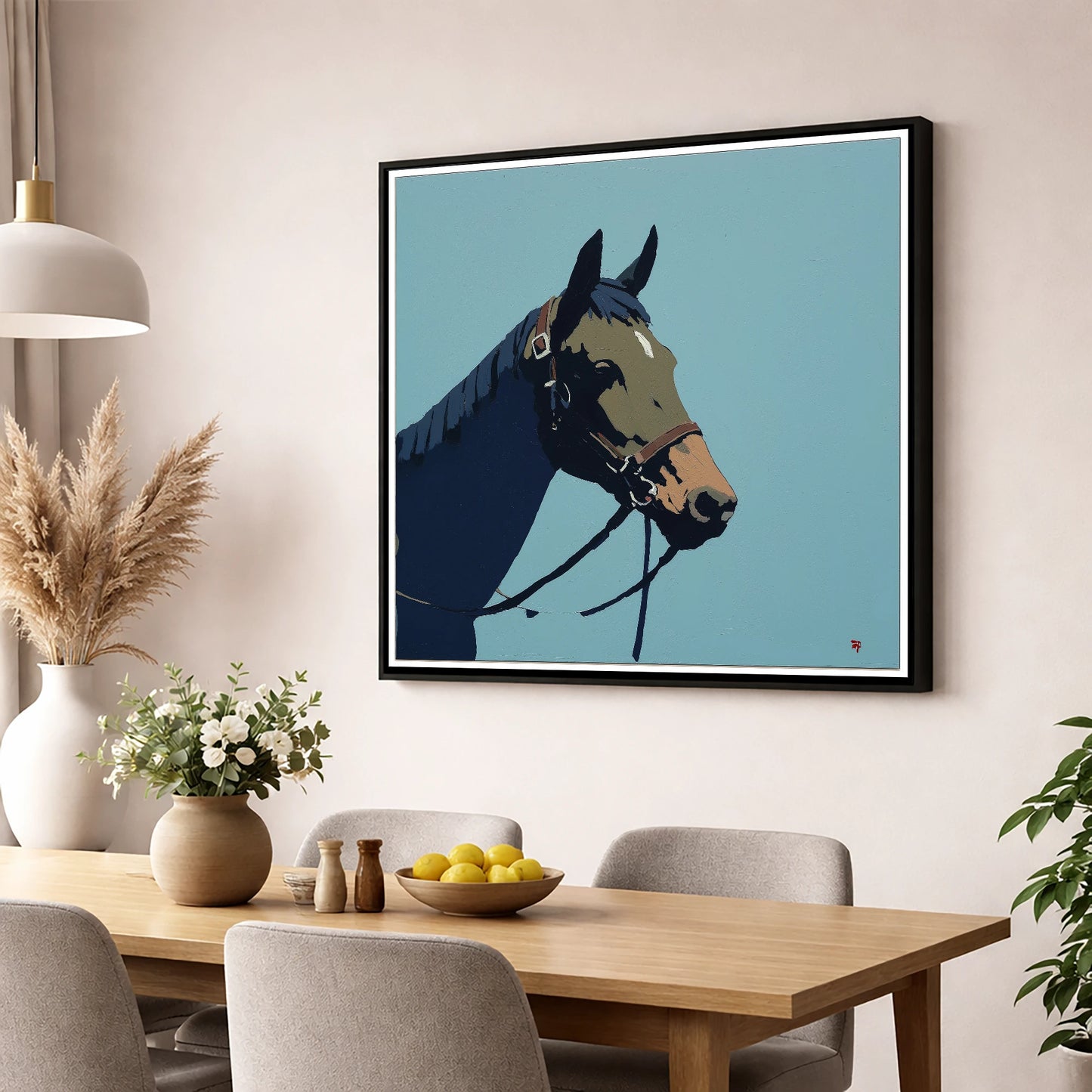 Cerulean Equine Profile horse portrait wall art displayed in a dining room