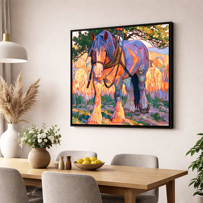 Colourful Heavy Horse In Harness horse breed wall art displayed in a dining room