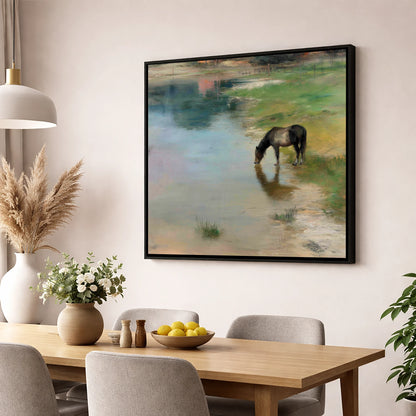 Quiet Waters Edge horse landscape wall art displayed in a dining room