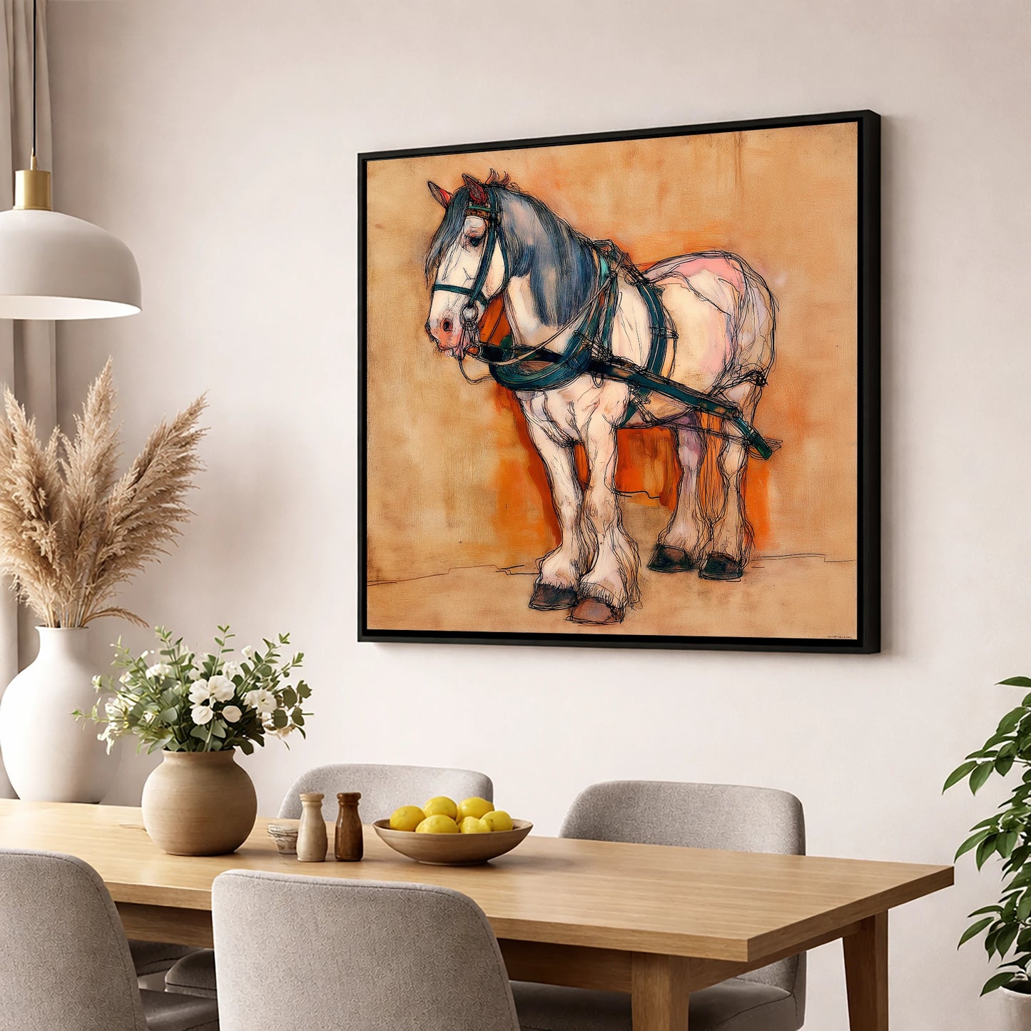 The Quiet Draught working horse wall art displayed in a dining room