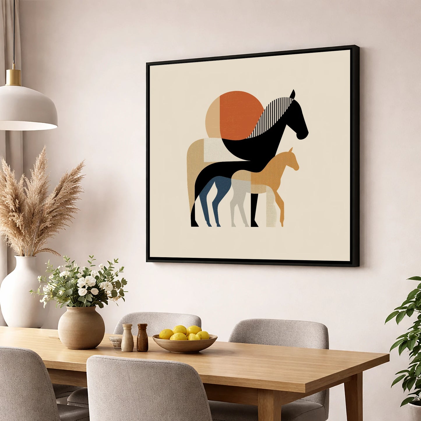 Geometric Equine Bond mare & foal wall art displayed in a dining room