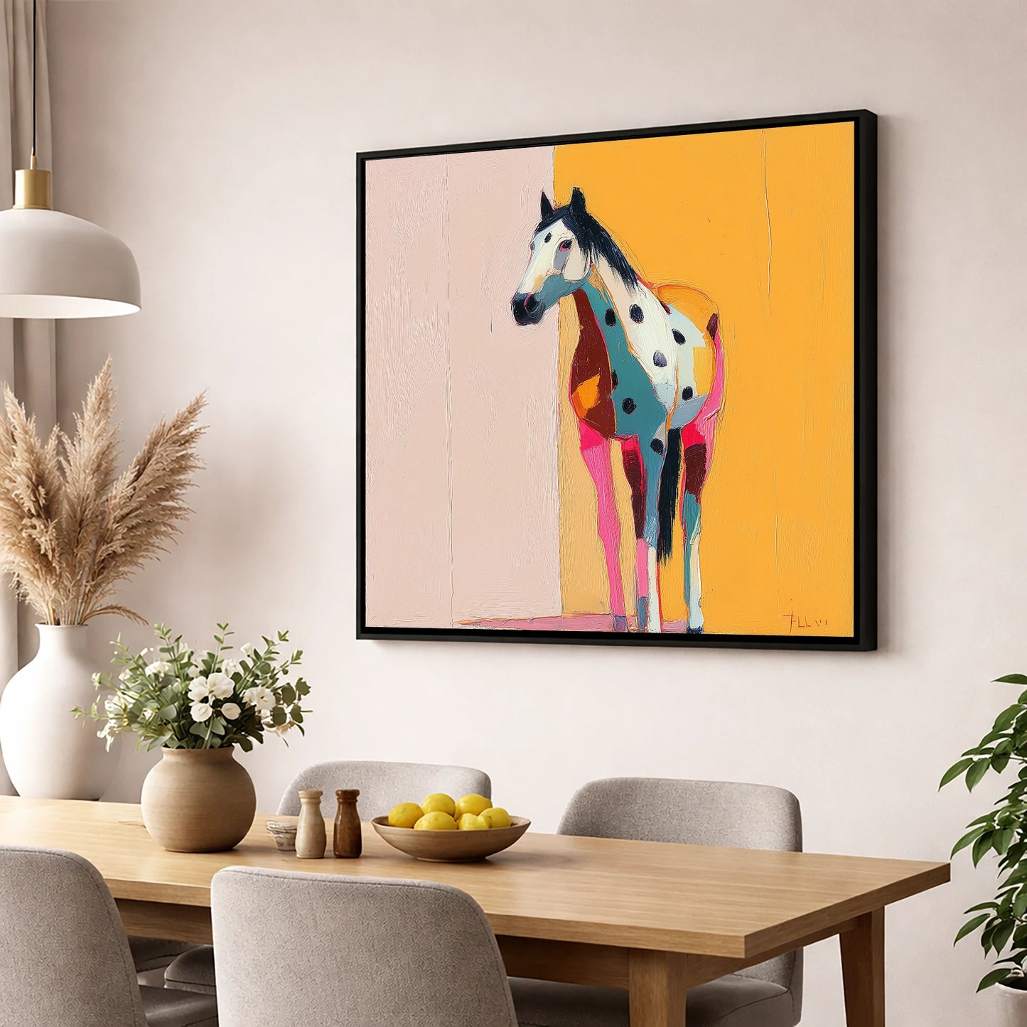 Technicolour Appaloosa horse breed wall art displayed in a dining room