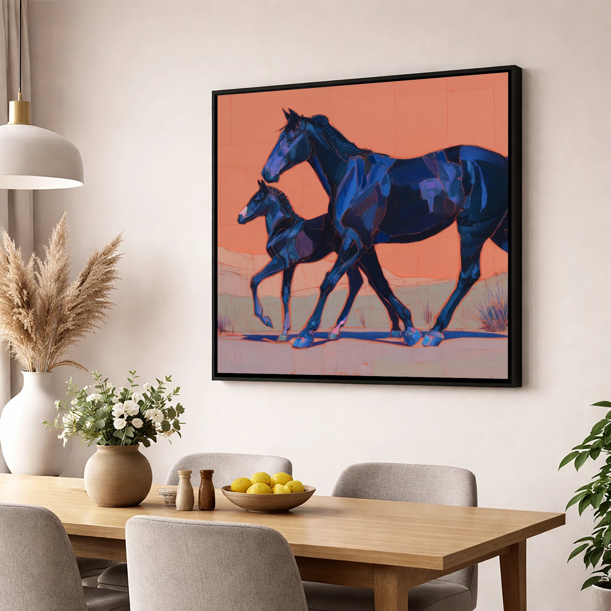 Bold Indigo Strides mare & foal wall art displayed in a dining room