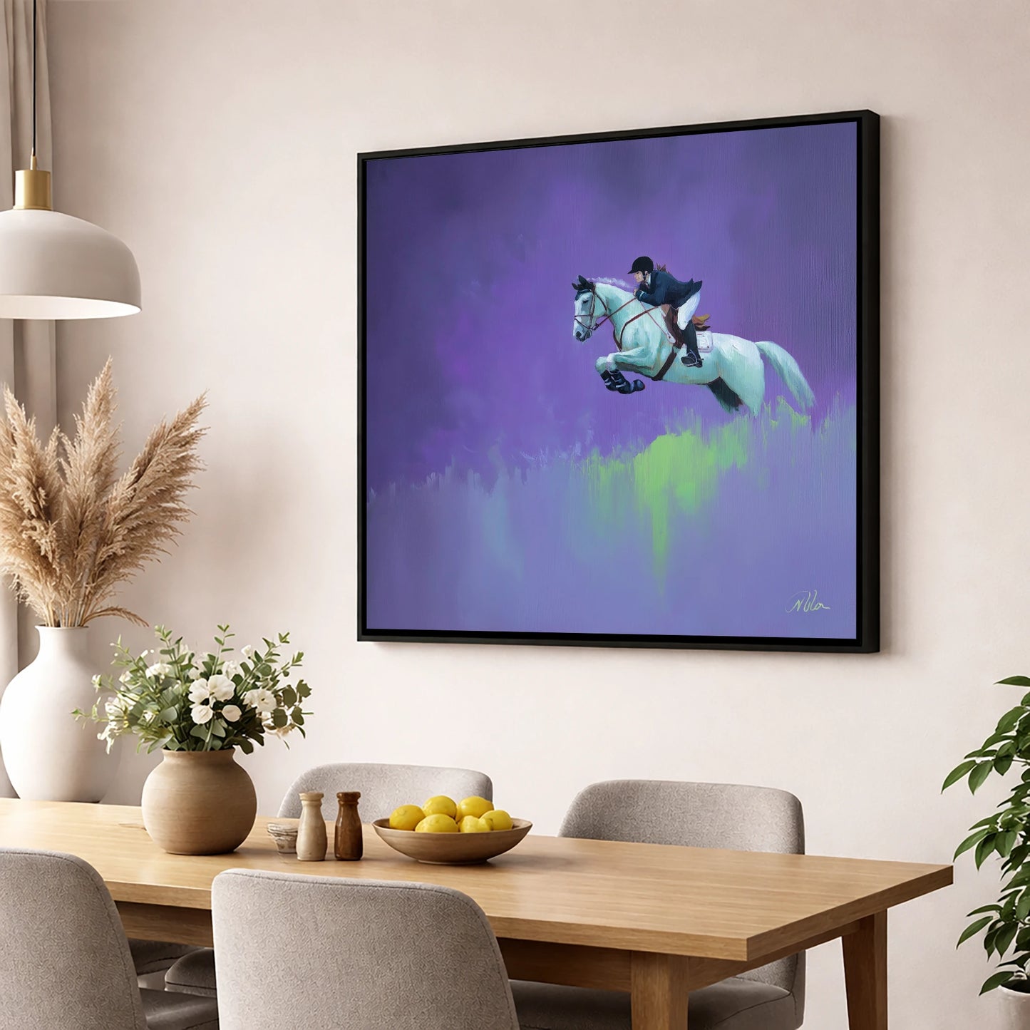 Violet Suspension show jumping horse wall art displayed in a dining room