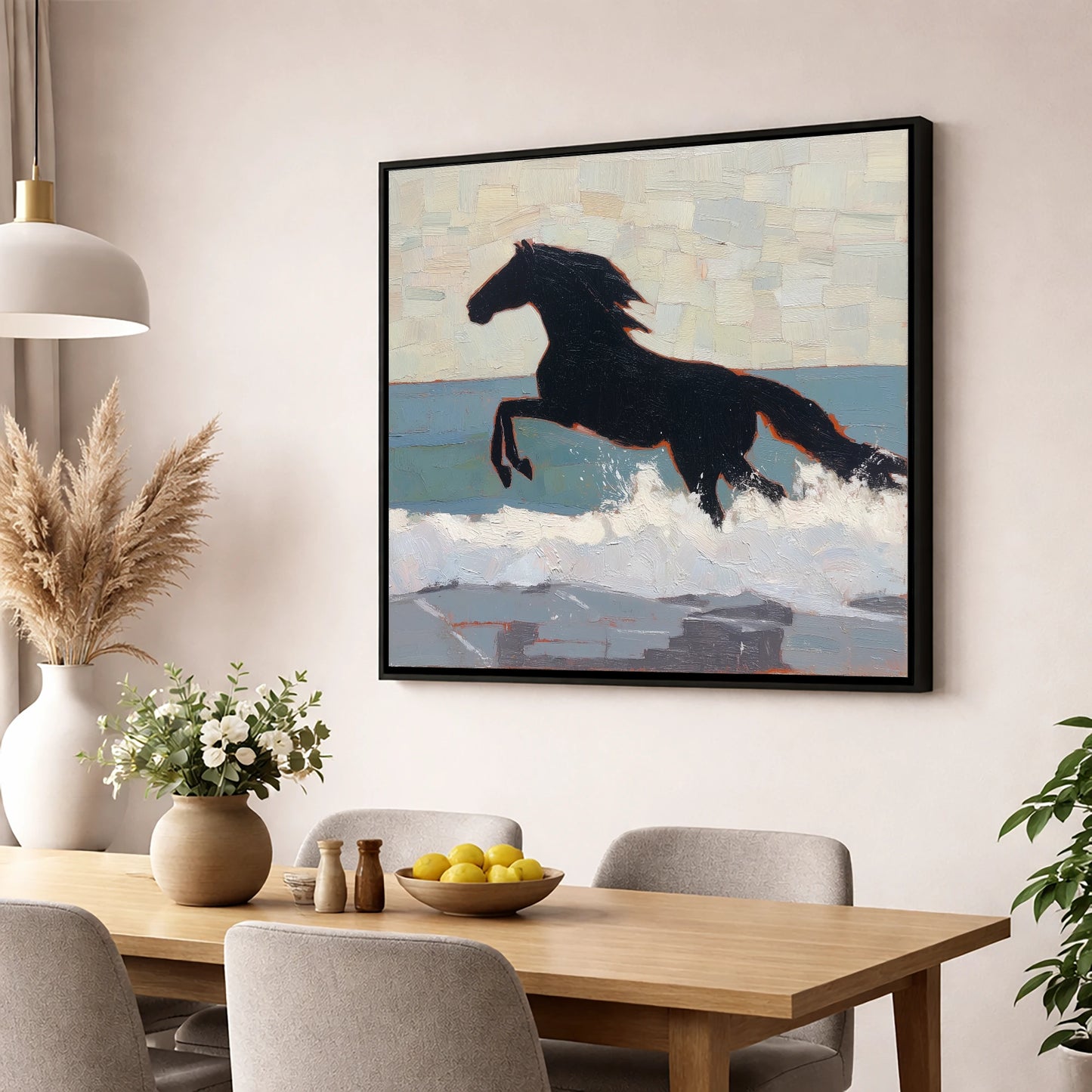 Surf Breaker Silhouette beach horse wall art displayed in a dining room