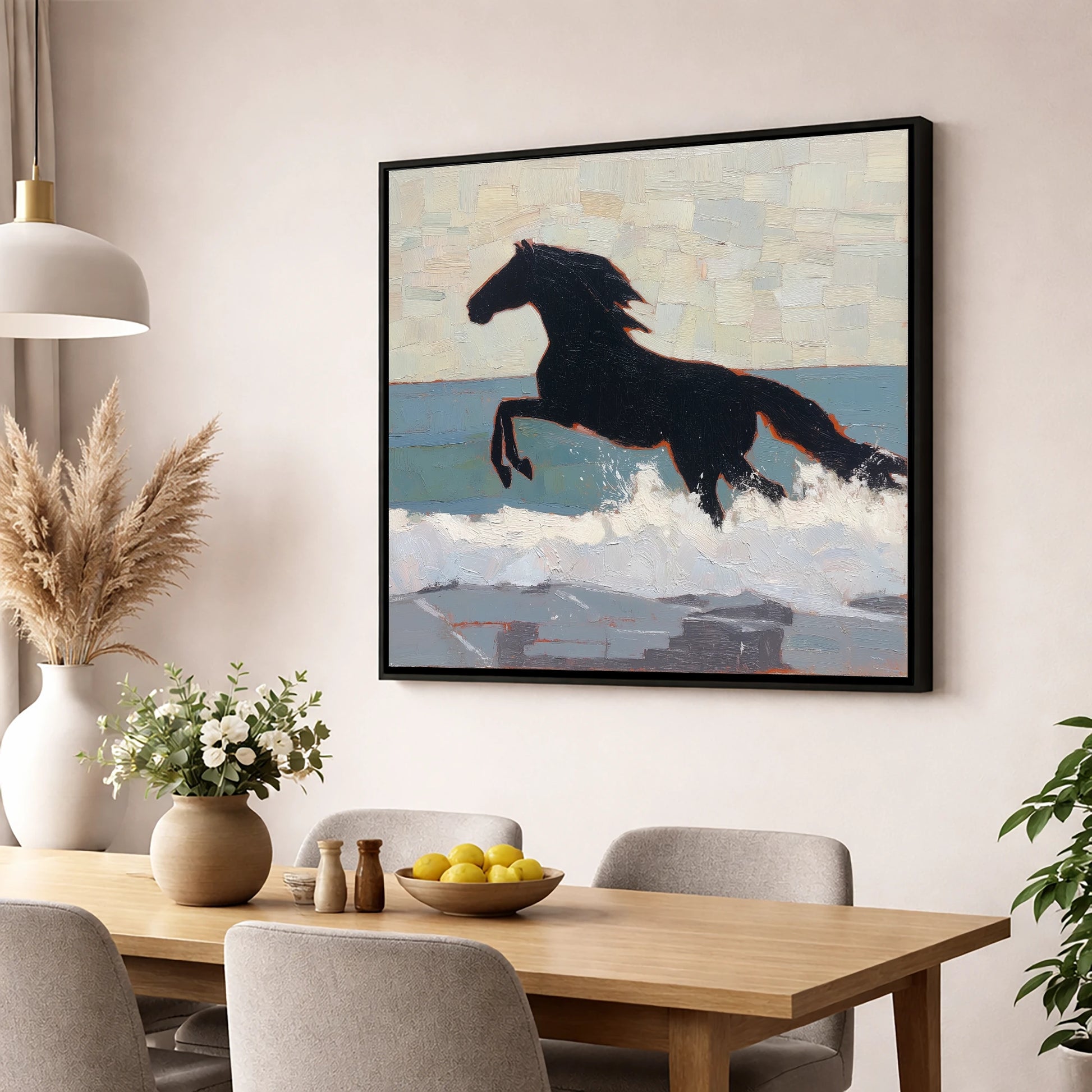 Surf Breaker Silhouette beach horse wall art displayed in a dining room