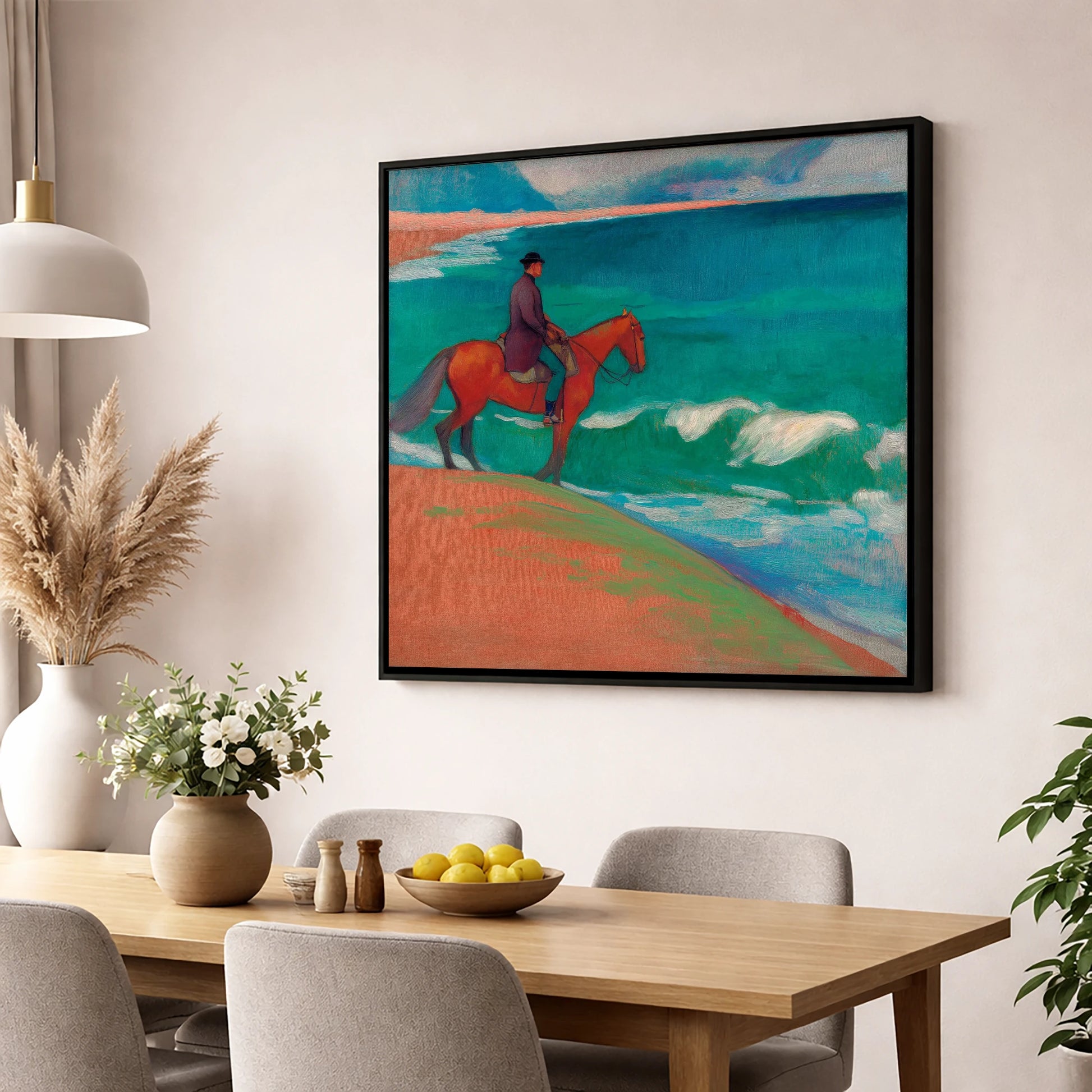 Chestnut By The Emerald Shore horse landscape wall art displayed in a dining room
