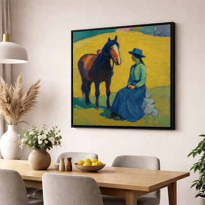 The Radiant Exchange horse & rider wall art displayed in a dining room