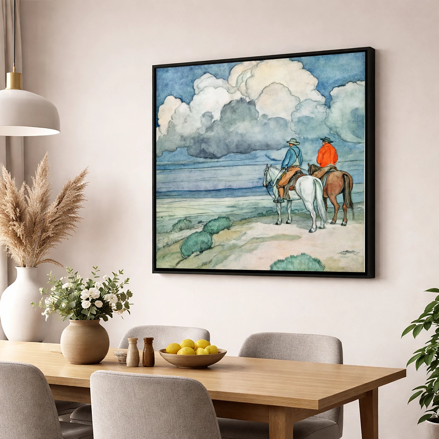 The Gathering Storm horse landscape wall art displayed in a dining room
