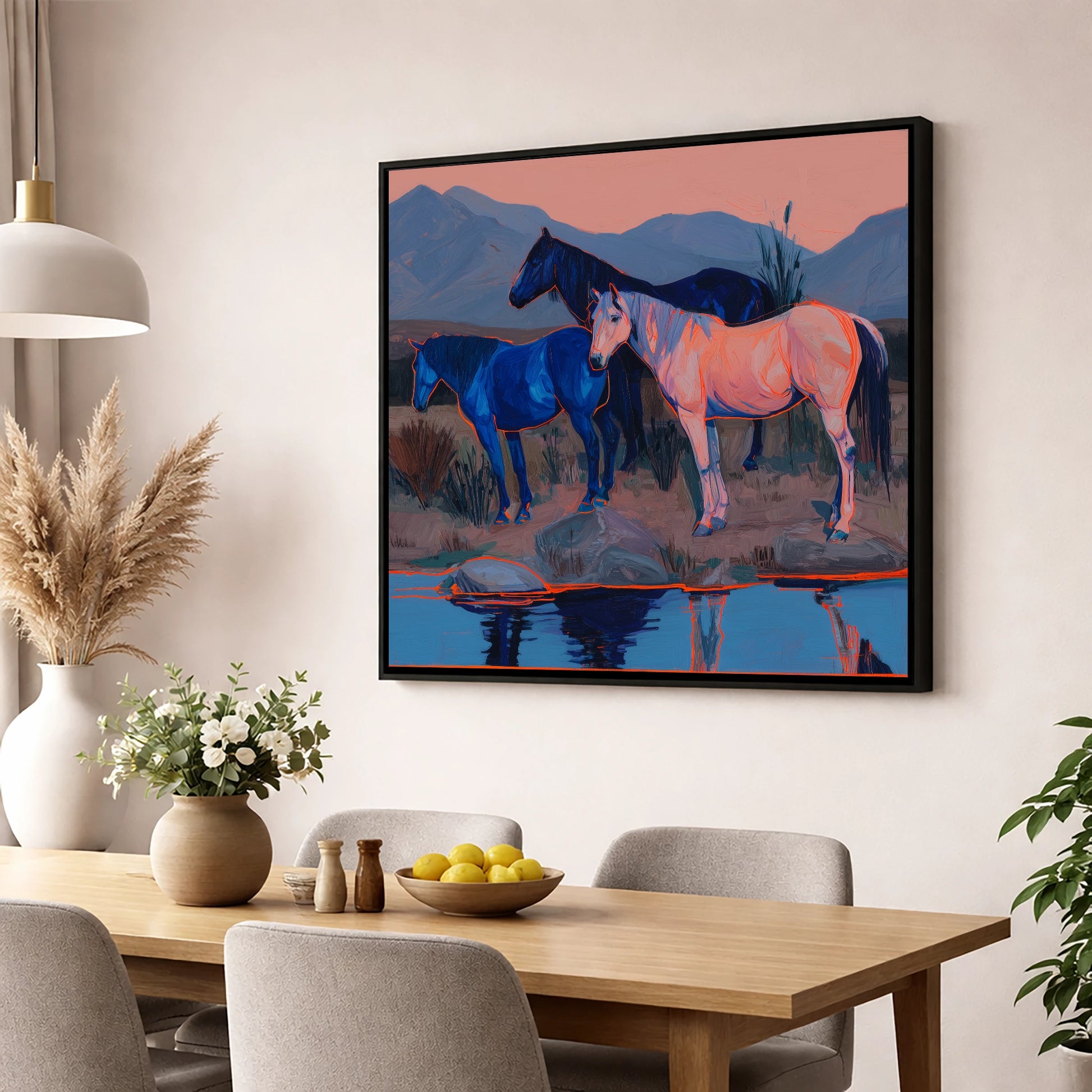 Vivid Indigo Dusk wild horses wall art displayed in a dining room
