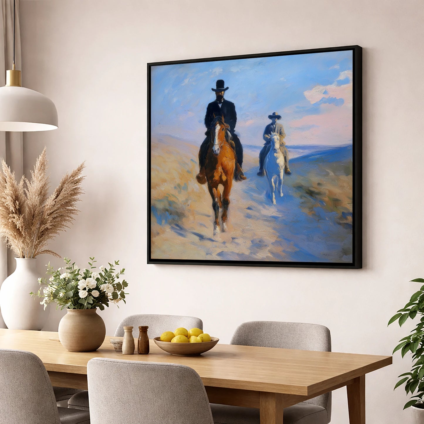 Shadows on the Plains western horse wall art displayed in a dining room