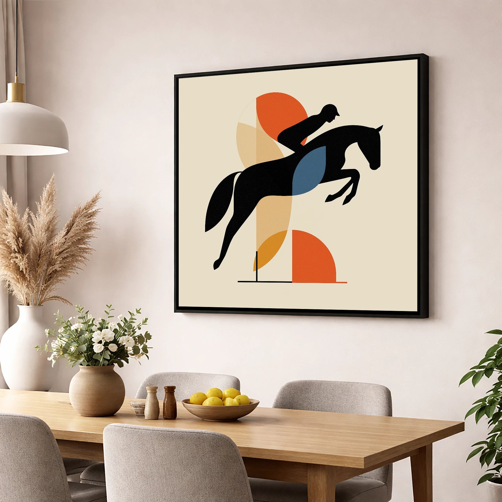 The Geometric Leap show jumping horse wall art displayed in a dining room