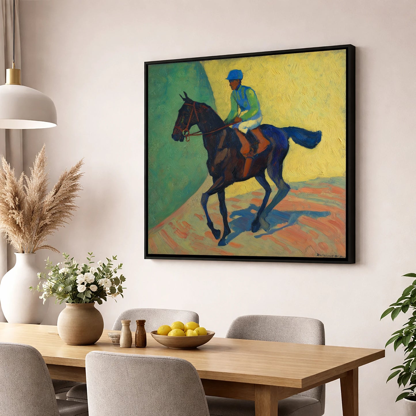 Vibrant Walk to Post racing horse wall art displayed in a dining room