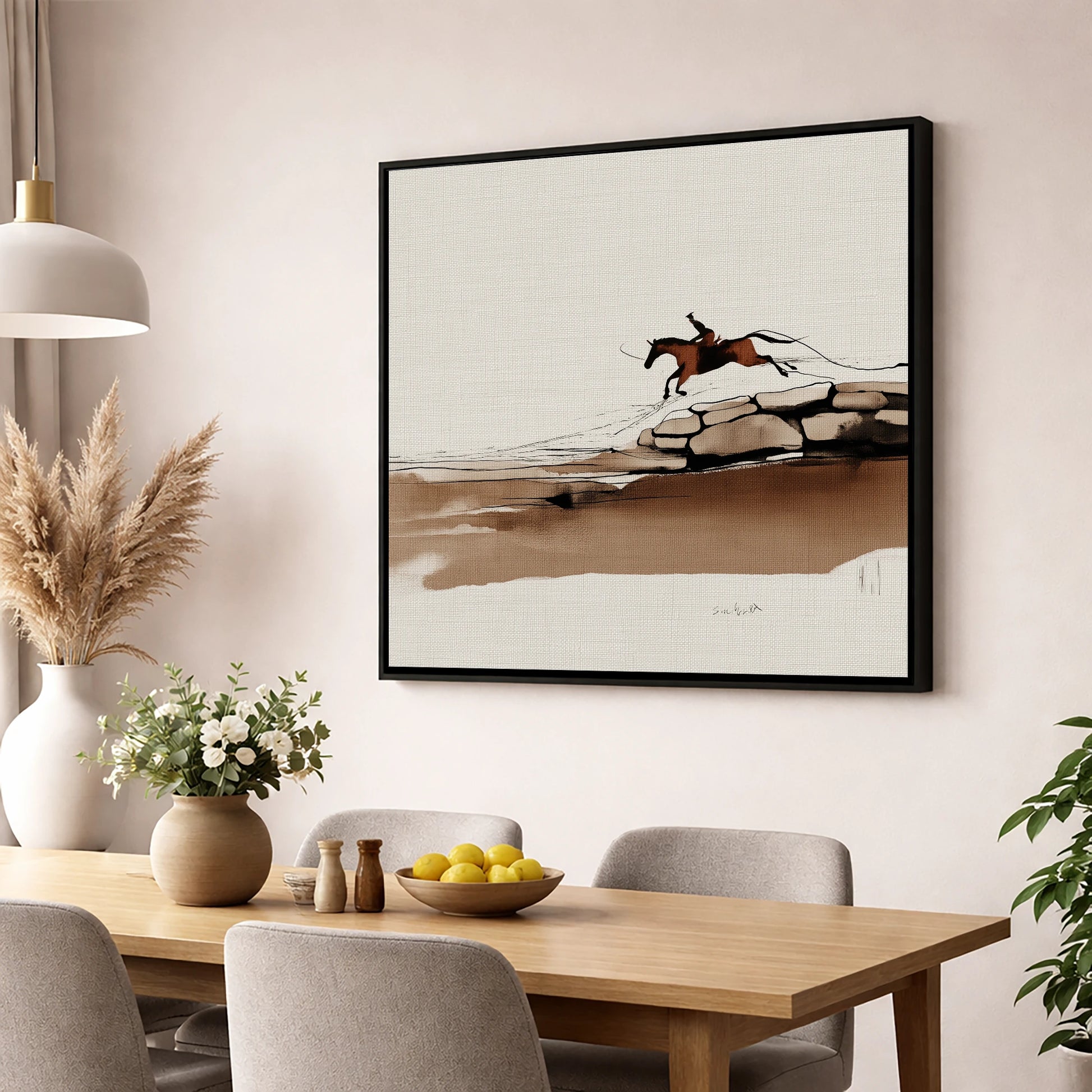 Flight Over Stone show jumping horse wall art displayed in a dining room
