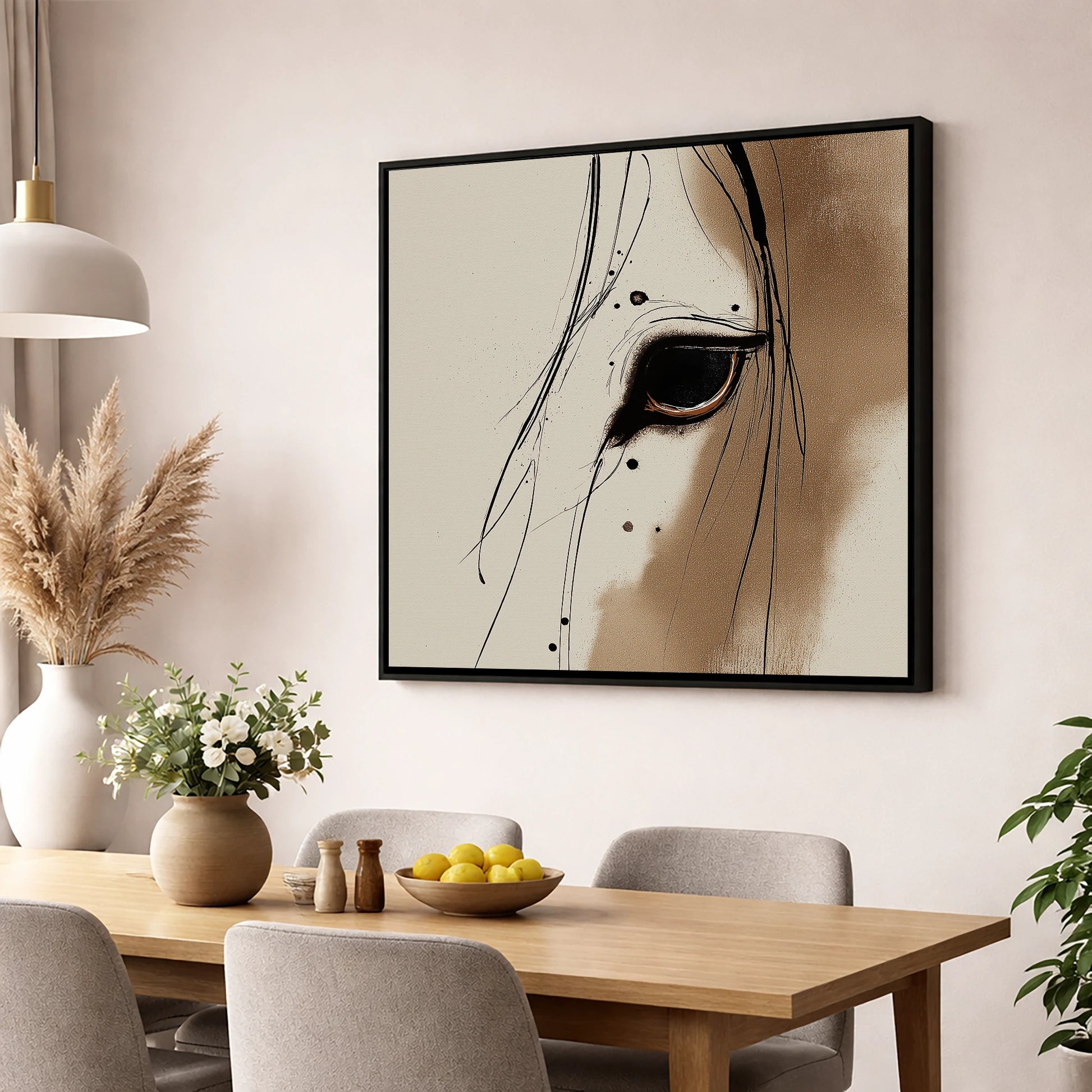 Raw Equine Gaze horse portrait wall art displayed in a dining room