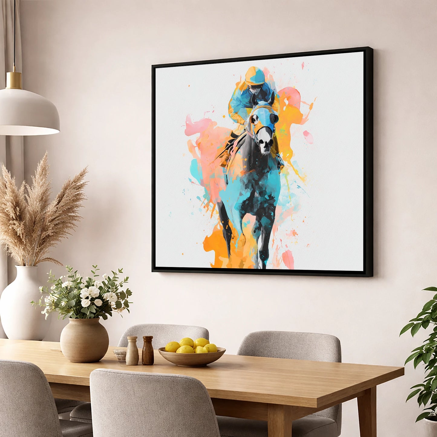 Vibrant Front Runner racing horse wall art displayed in a dining room