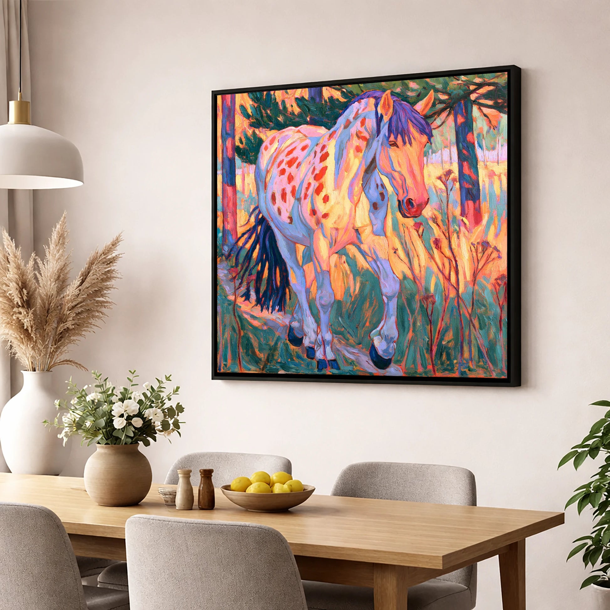Vibrant Appaloosa In Tall Grass horse breed wall art displayed in a dining room