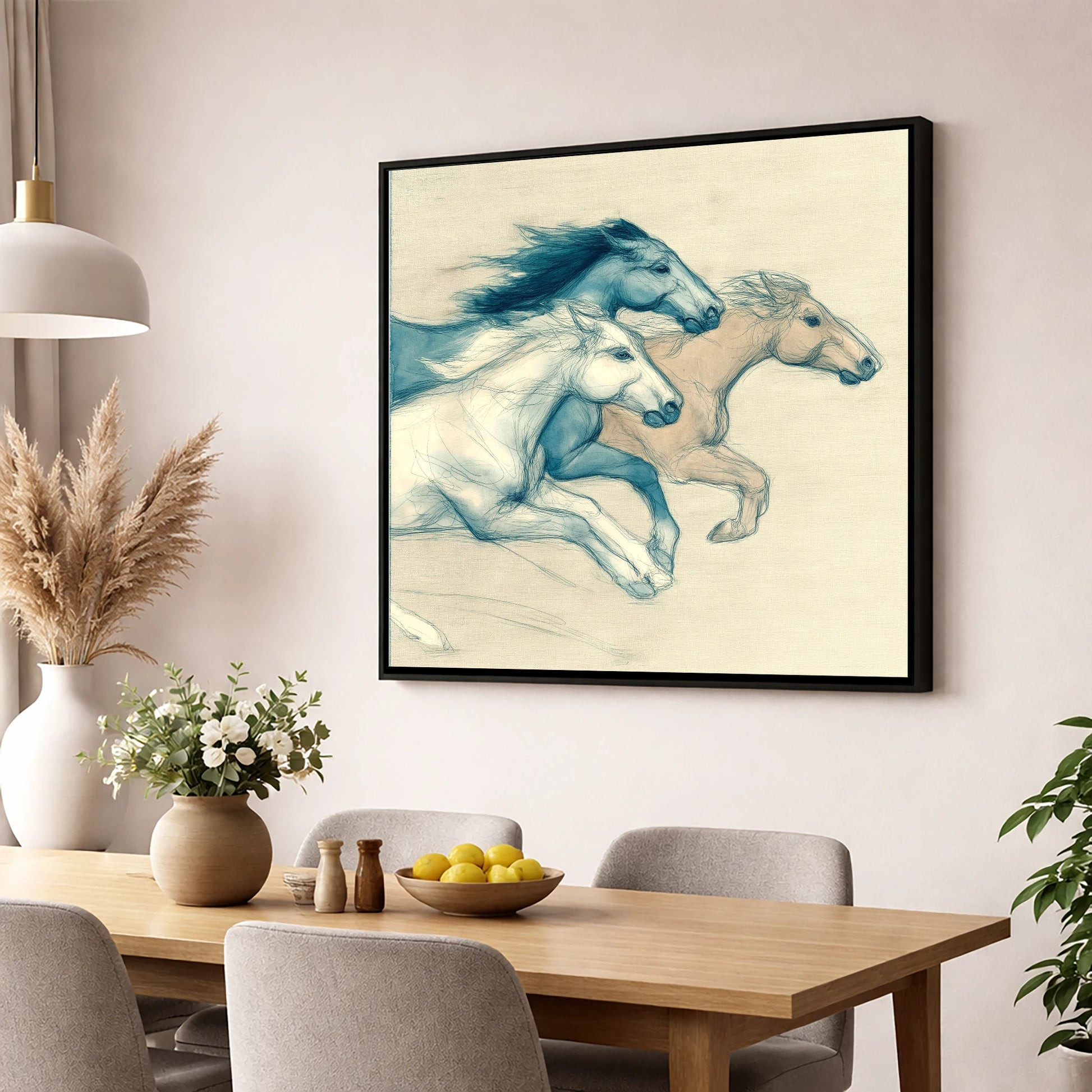 Azure Equine Trio wild horses wall art displayed in a dining room