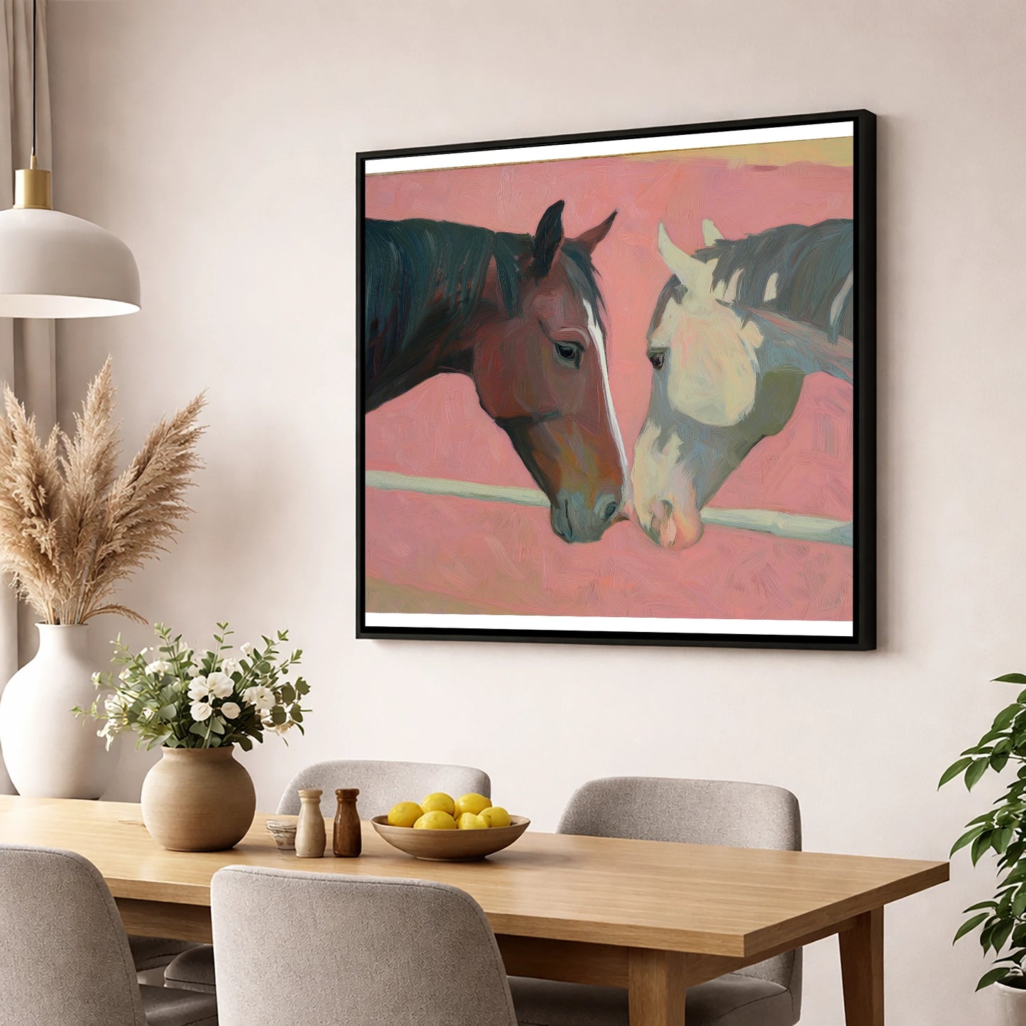 Quiet Companions horse portrait wall art displayed in a dining room