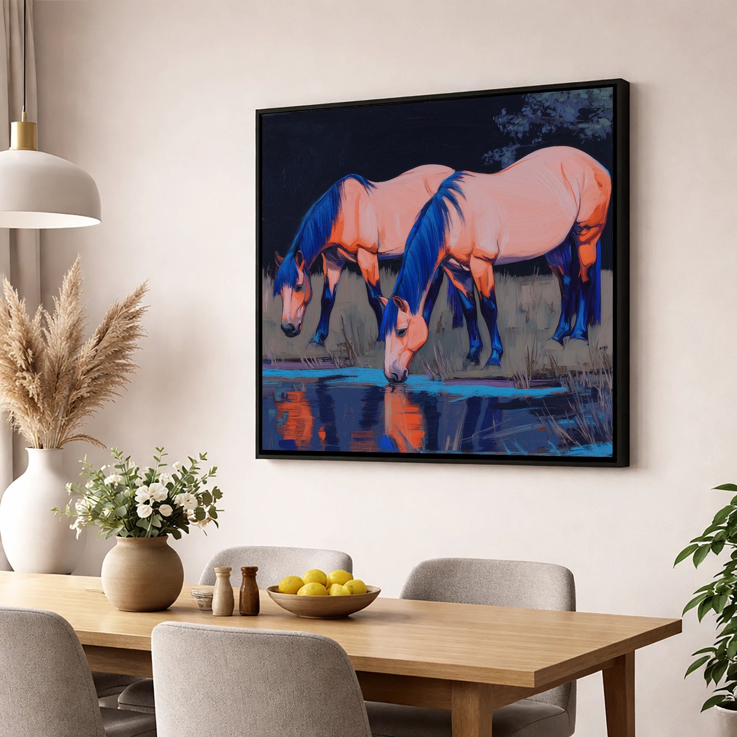 Indigo Waters horse landscape wall art displayed in a dining room