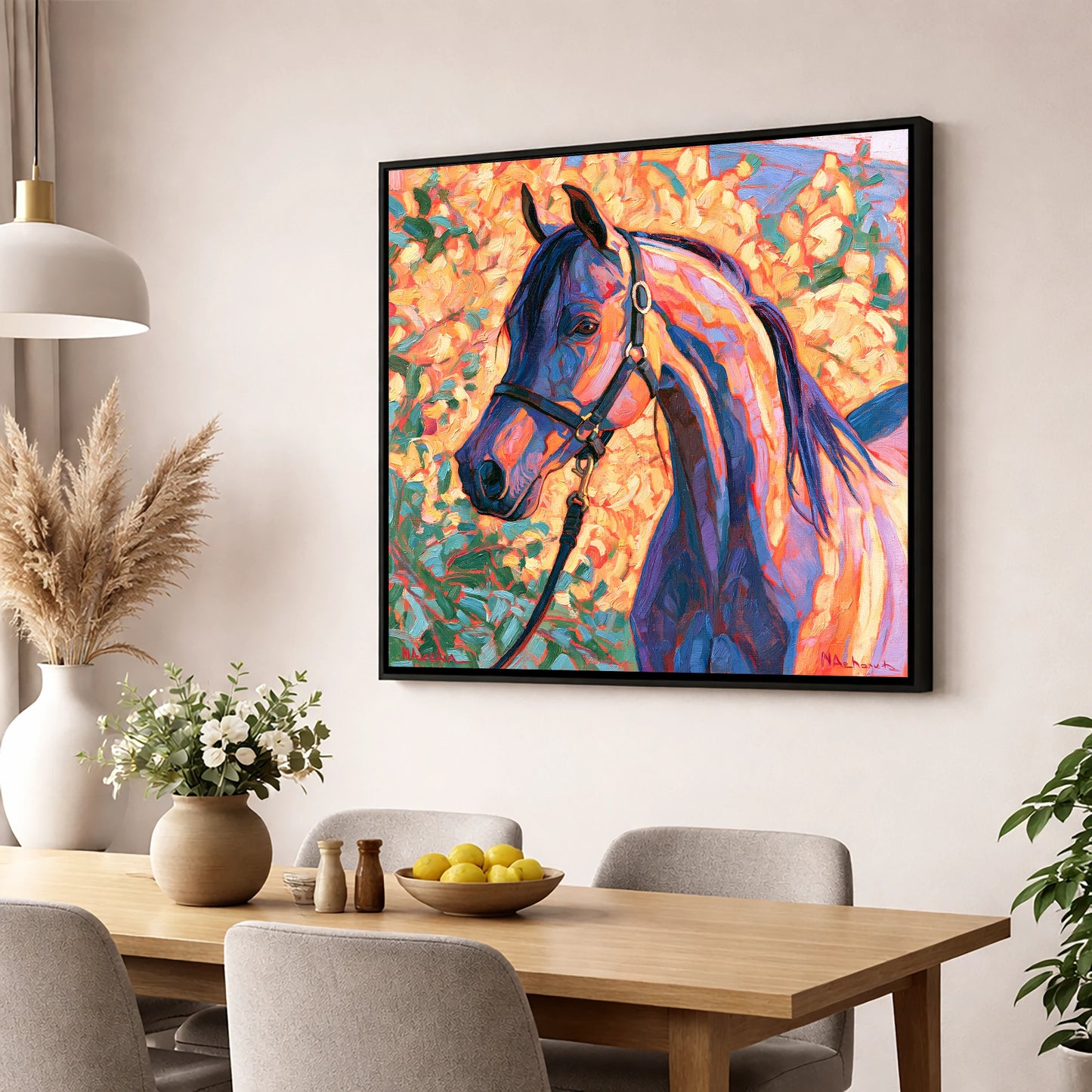 Arabian Horse in Vibrant Colours horse breed wall art displayed in a dining room