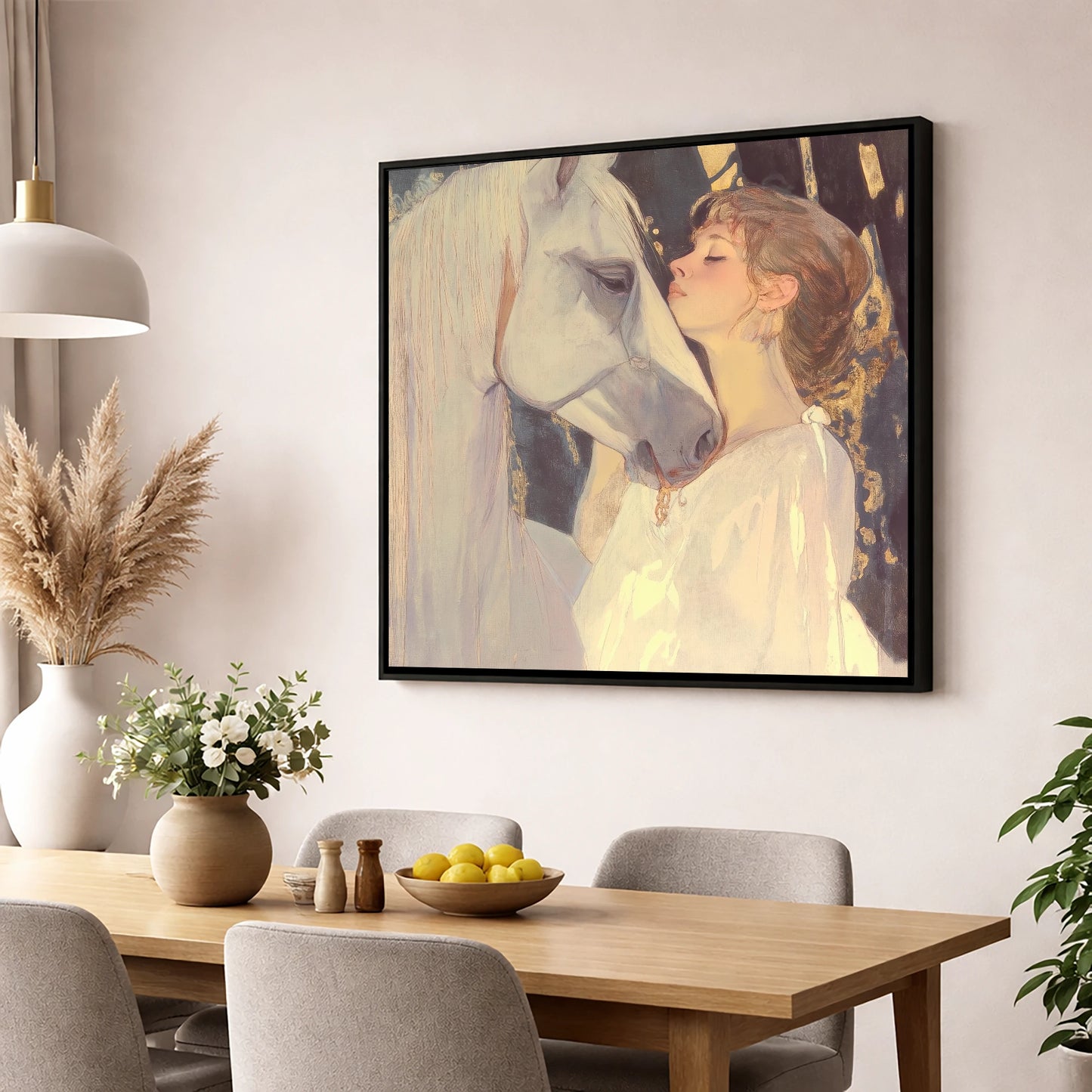 A Luminous Bond horse & rider wall art displayed in a dining room