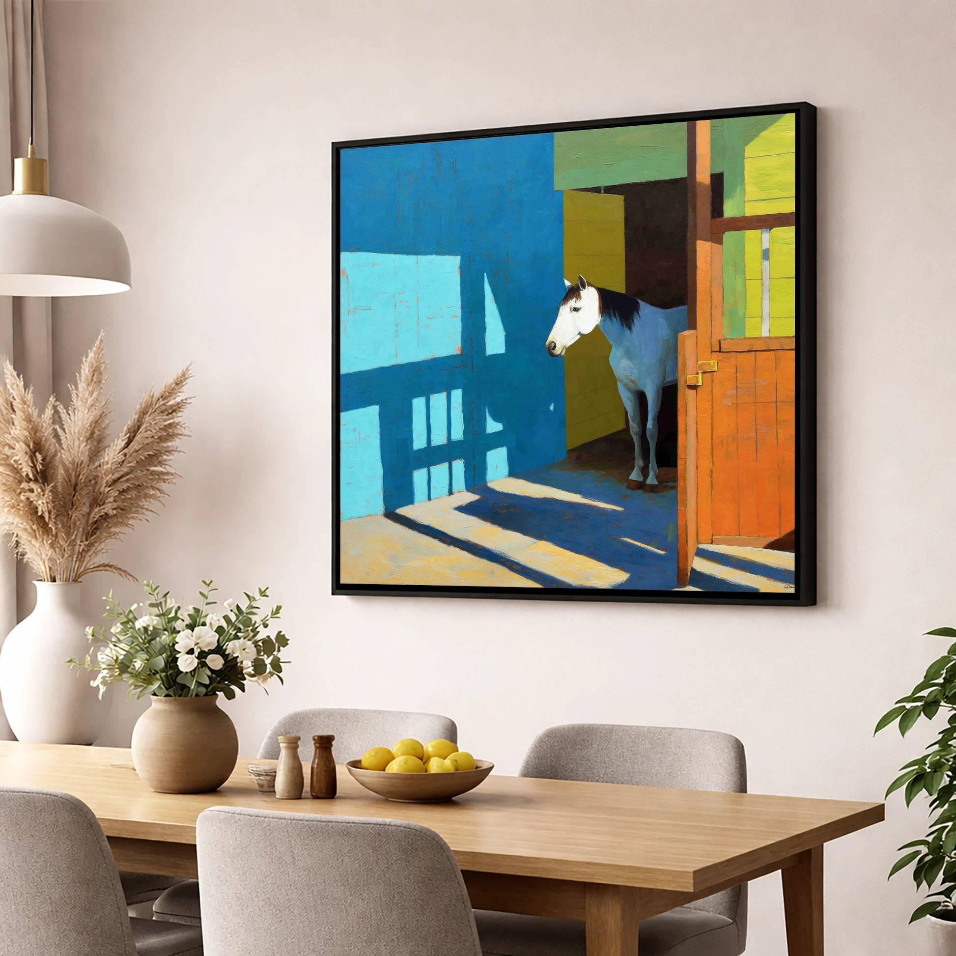 Sunlight on the Yard horse stable wall art displayed in a dining room