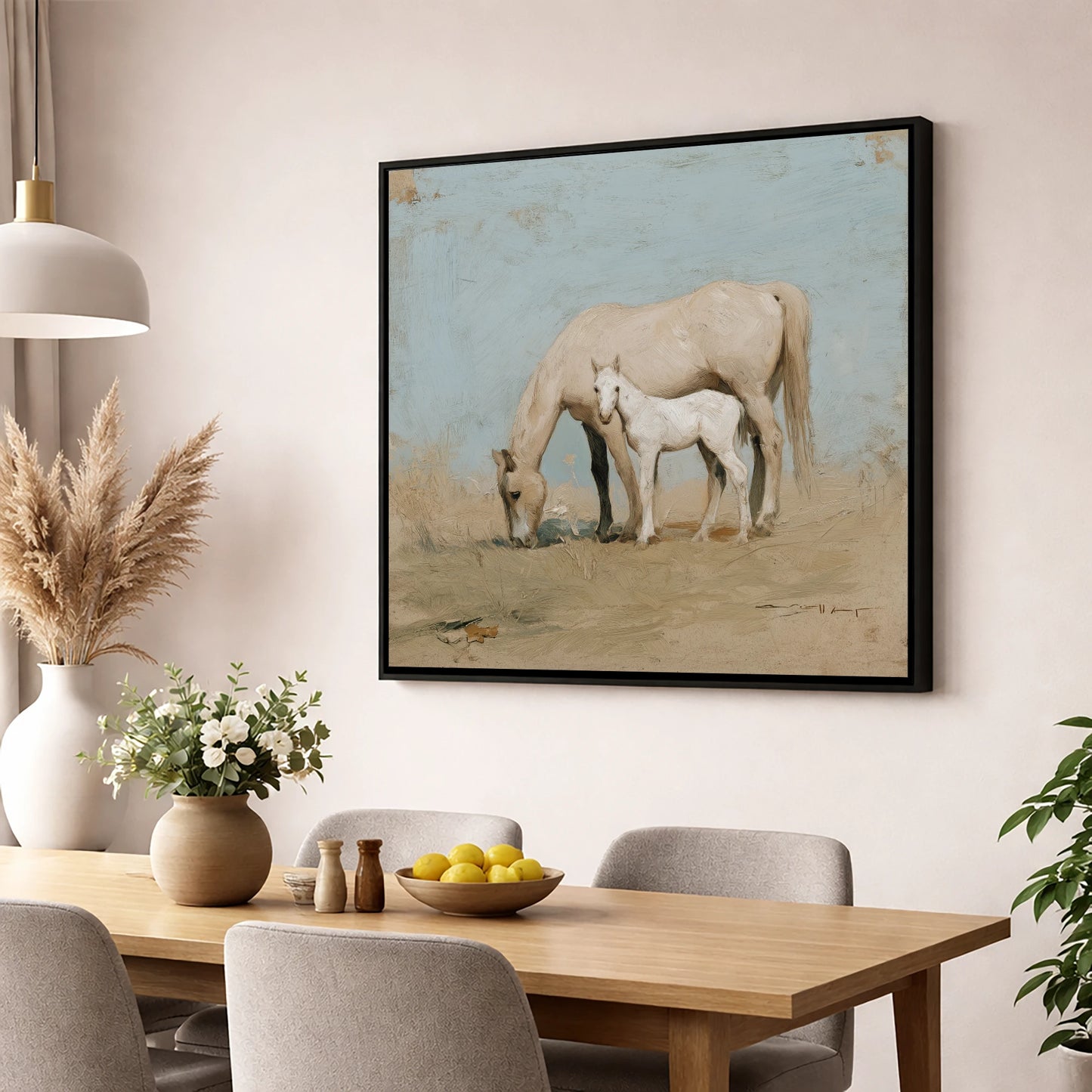 Chalk White Companions mare & foal wall art displayed in a dining room