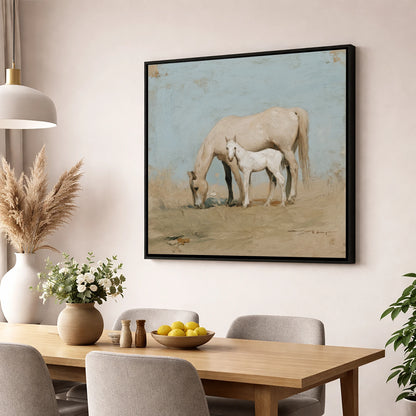 Chalk White Companions mare & foal wall art displayed in a dining room