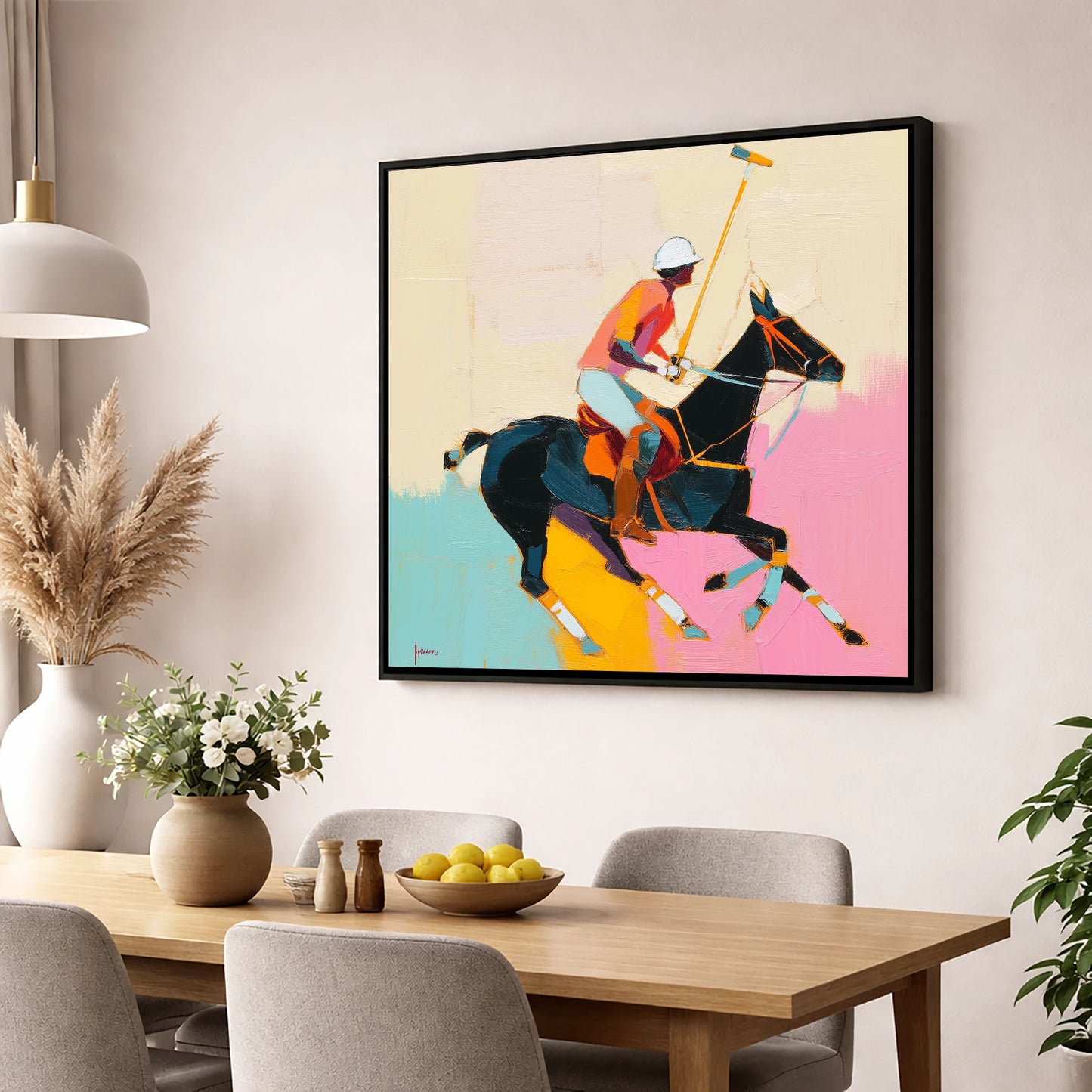 The Vibrant Chukka polo horse wall art displayed in a dining room