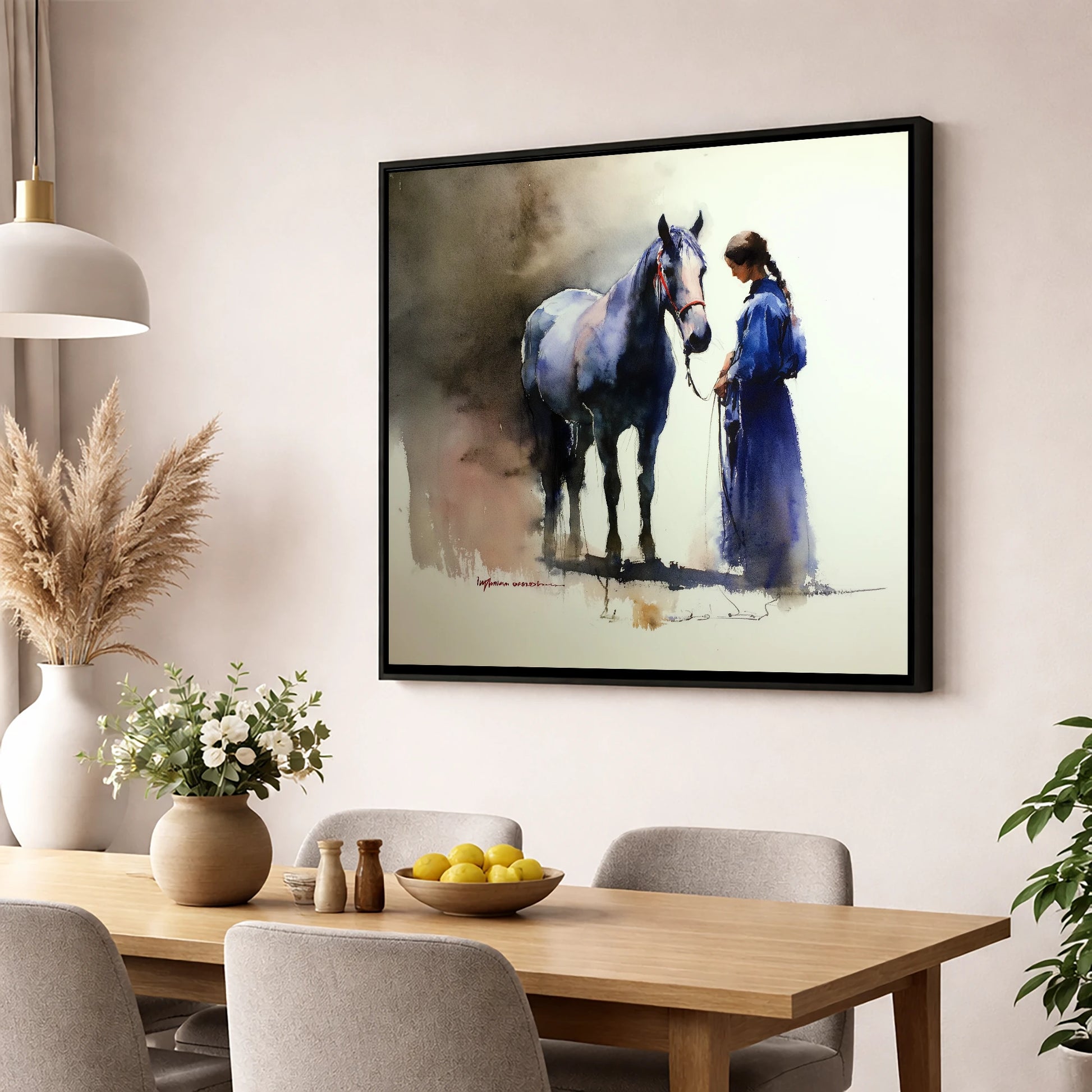 The Silent Bond horse & rider wall art displayed in a dining room