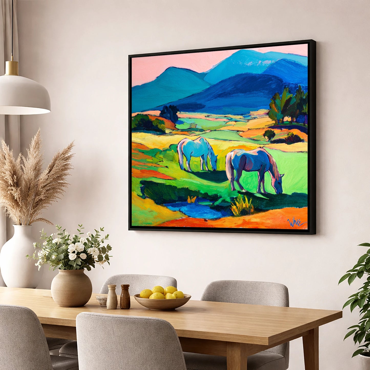 Painted Valley Grazing horse landscape wall art displayed in a dining room
