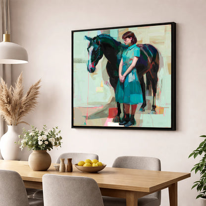 A Quiet Connection horse & rider wall art displayed in a dining room