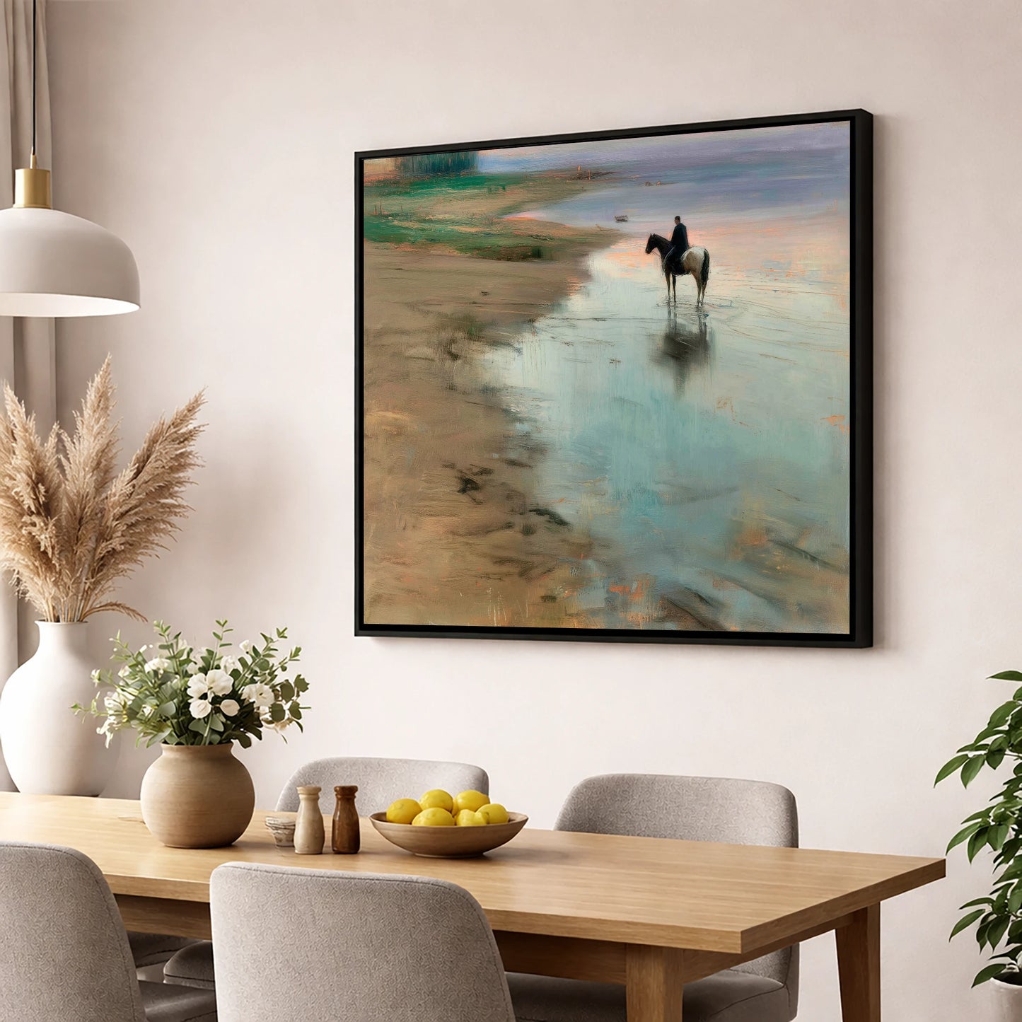 The Quiet Tide horse landscape wall art displayed in a dining room
