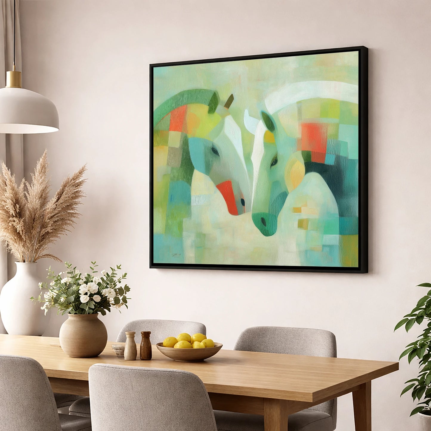 Geometric Equine Harmony horse portrait wall art displayed in a dining room