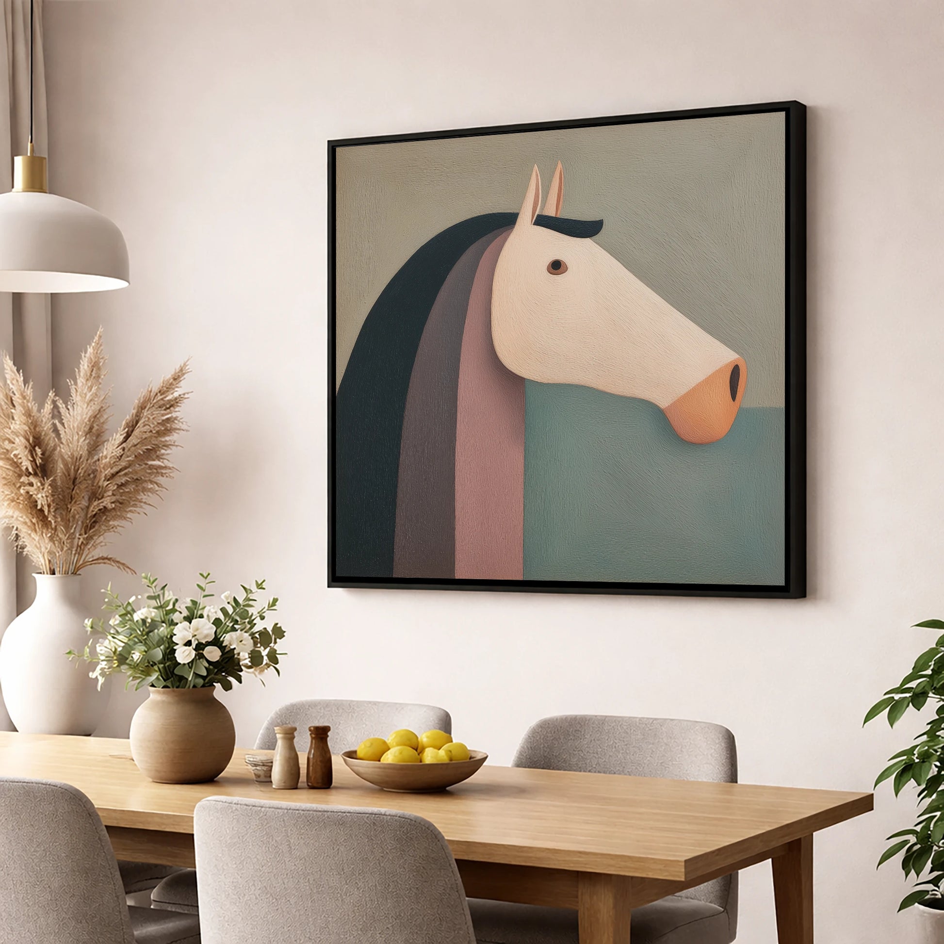 Earthy Equine Profile horse portrait wall art displayed in a dining room