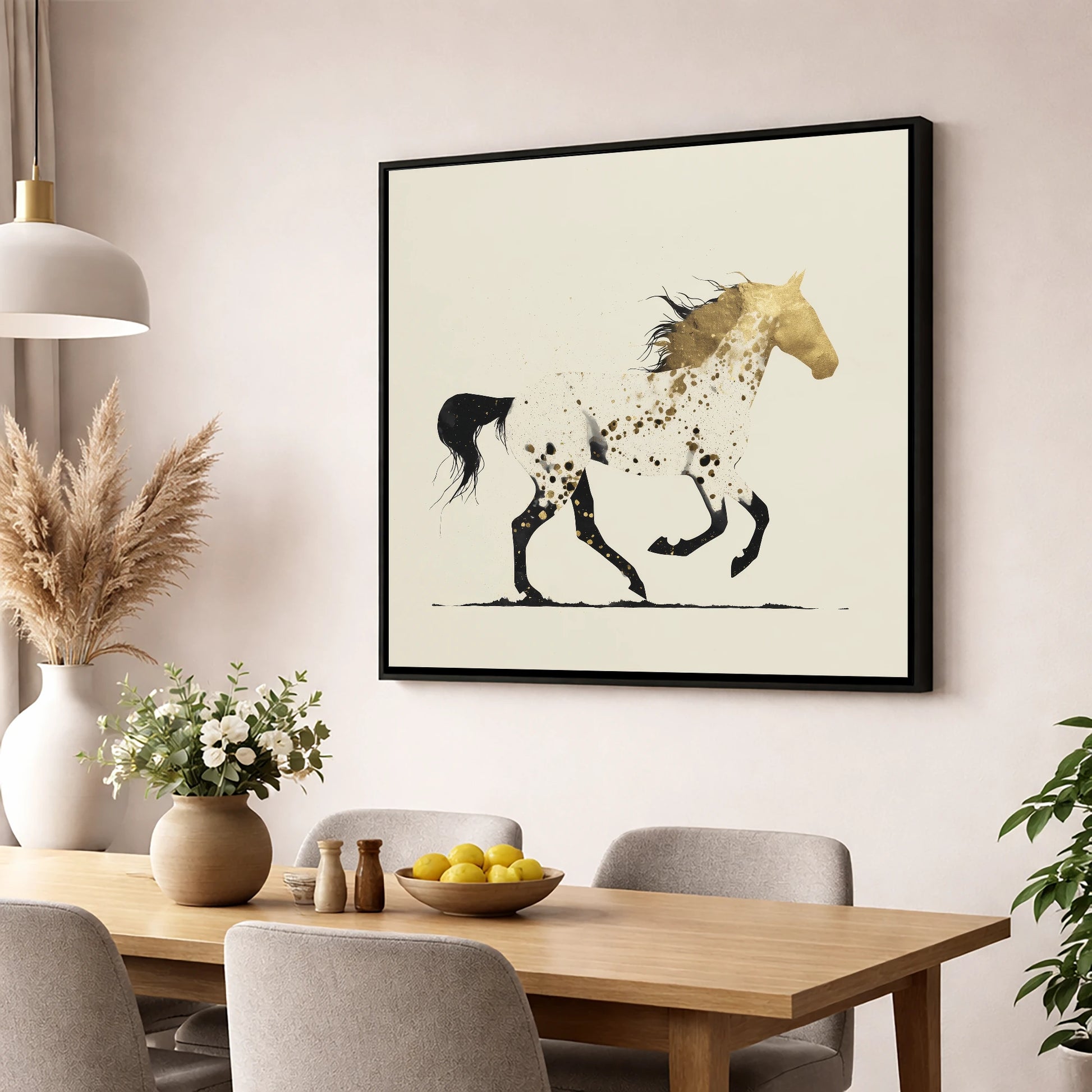 The Golden Appaloosa horse breed wall art displayed in a dining room